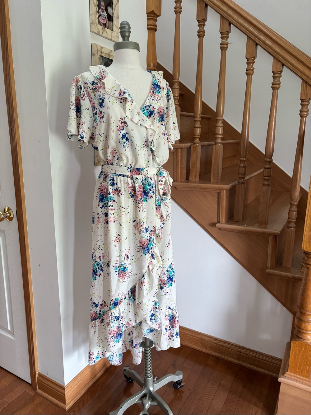 White High-Low Maxi Flutter Sleeve Dress with Colorful Floral Print